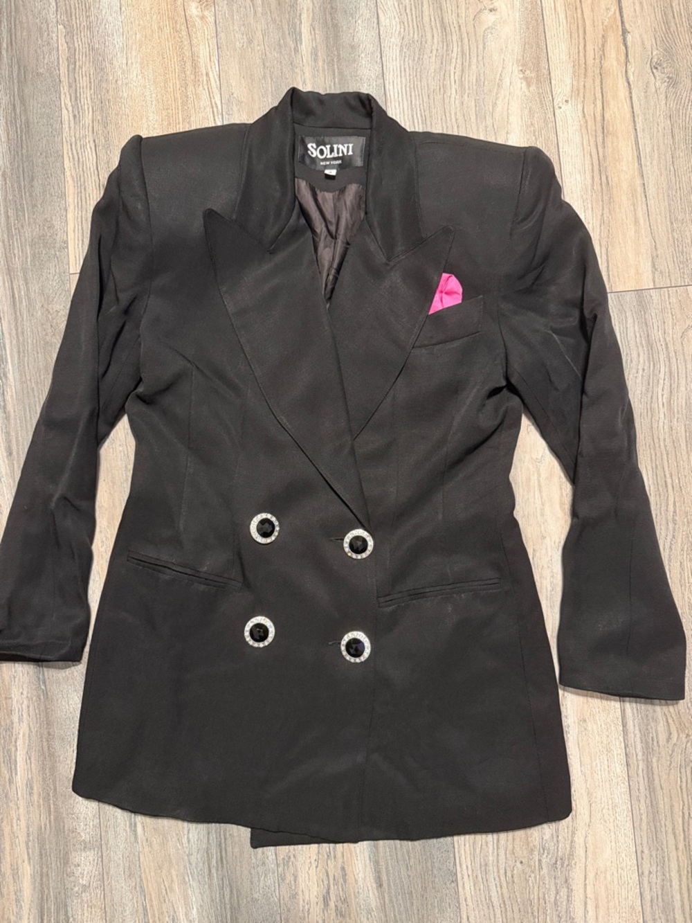 1980 Solini Black Double-Breasted Blazer with Pink Pocket Square Accent
